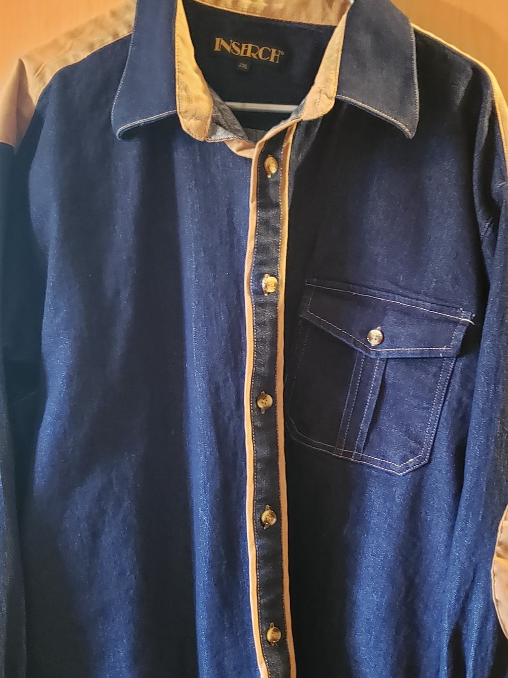 Mens 2X NSR Indigo Denim Shirt With Tan Suede Detailing